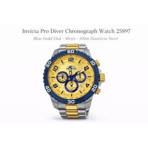 Invicta Pro Diver 25897‎ Mens Chronograph Watch Blue Gold Stainless Steel 50mm